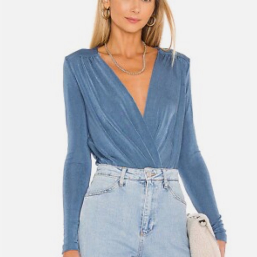 Free People Blue Wrap-Style Long Sleeve Bodysuit
